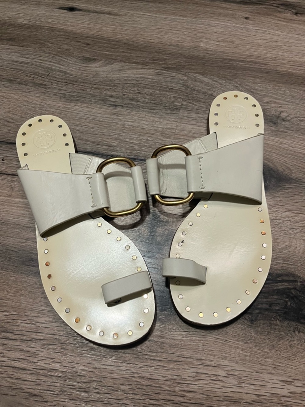 Tory Burch White  Leather Gold Ring-Accent Toe-Loop Sandals